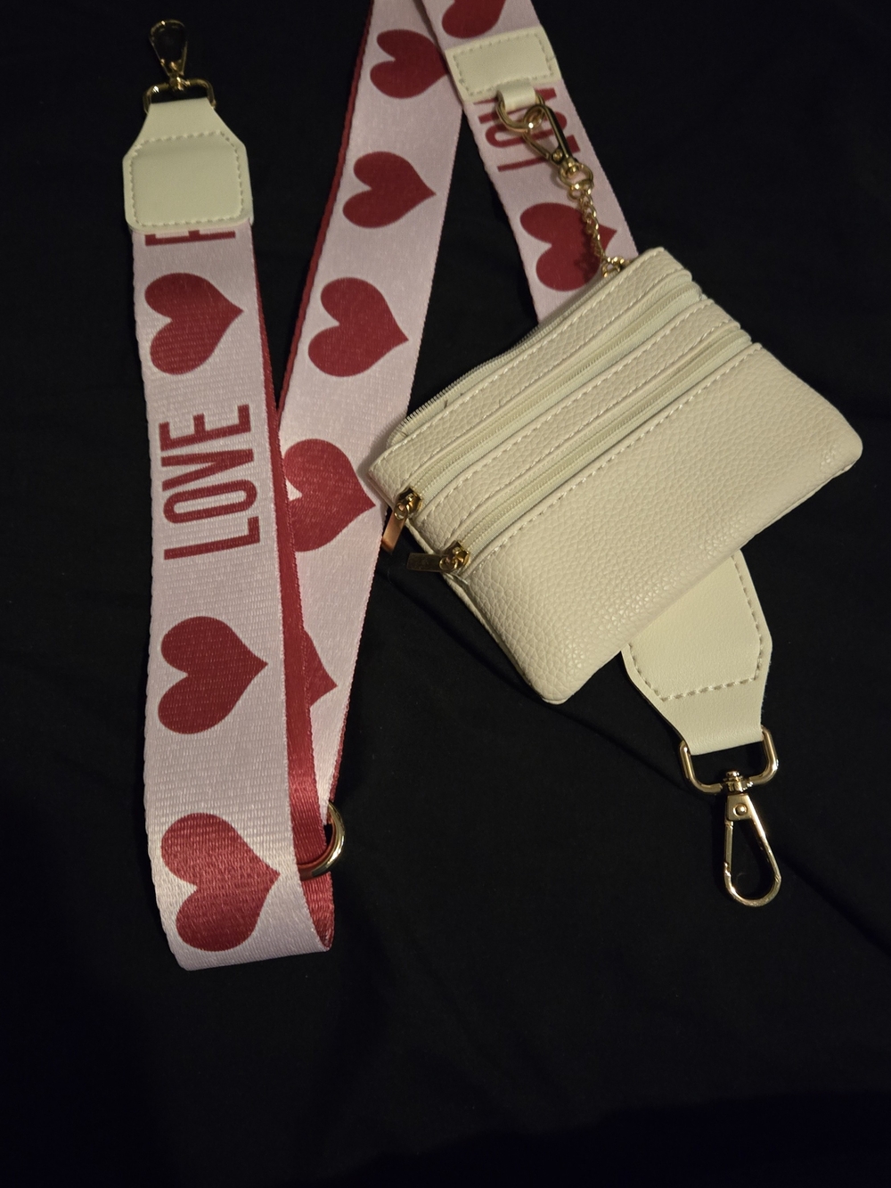 Cream Crossbody Mini Pouch with Pink Heart Straps